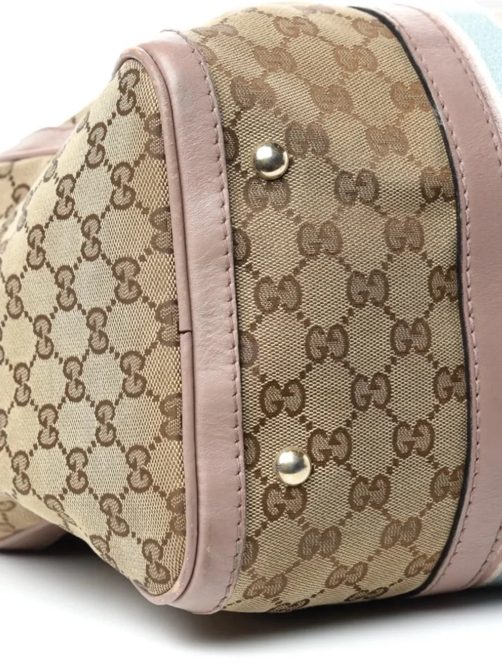 Gucci Beige Monogram Satchel with Pink and Blue Stripes
